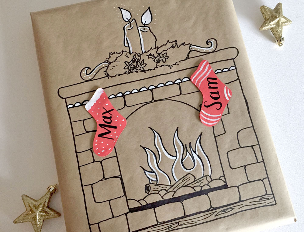 Handmade Christmas scene gift wrap